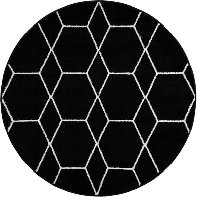 5' Round Black and Ivory Trellis Synthetic Area Rug