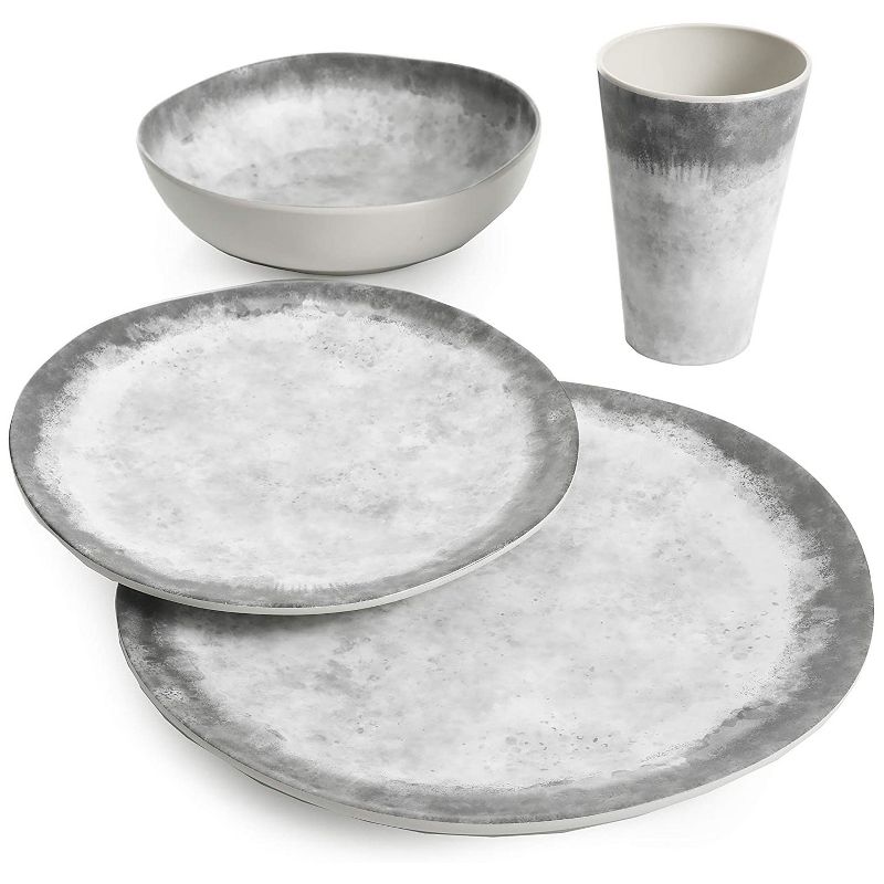 Gibson Home Gray Granite Round Melamine Everyday 16 Piece Reactive Glaze Dinnerware Set Plates, Bowls, and Cups, Grey Stone, 2 of 7