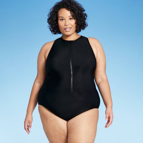 Women S Plus Size High Neck Zip Front One Piece Swimsuit Aqua Green Black w Target