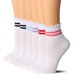 Tipi Toe Womens Vibrant Multicolored Stripes Turn-Cuff Solid Lettuce Edge Lightweight Quarter Length Ruffle Socks - 1 of 4