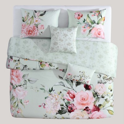 Queen Misty Green Cotton Reversible Floral Comforter Set