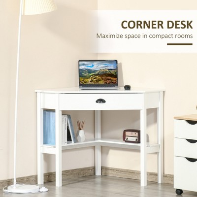 Vynxaria White Corner Desk Triangle Computer Desk with Drawer Storage Shelves for Small Spaces