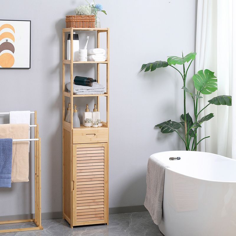 kleankin Tall Bathroom Cabinet with Drawer and Slatted Shelves, Slim Bamboo Linen Tower with Louvered Door, Natural, 4 of 8
