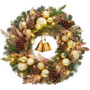 24 Inch Lighted Christmas Wreath, Pre-Lit Xmas Wreath with 20 LED Lights, Bells and Christmas Balls, for Front Door, Windows, Wall, Mantel Decoration - 1 of 4