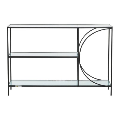 Black Metal and Glass Industrial Console Table with Storage Shelves