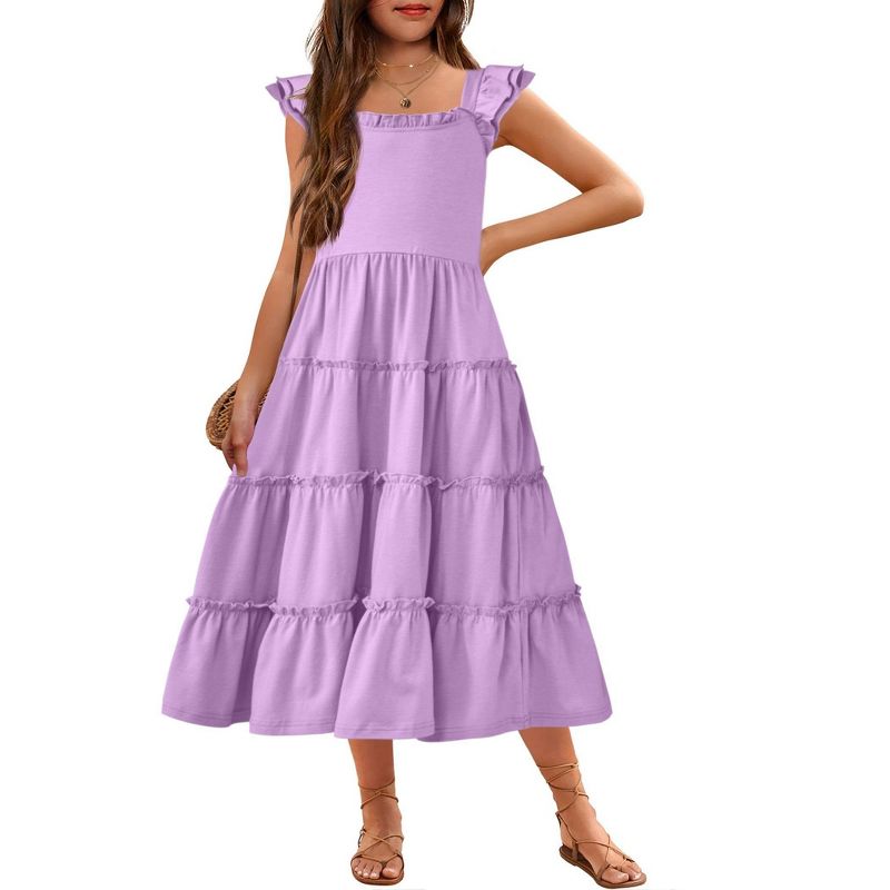 Arshiner Girls Maxi Summer Short Flutter Sleeve Casual Dress with Pockets for 4-14 Y Coral 11-12 Years