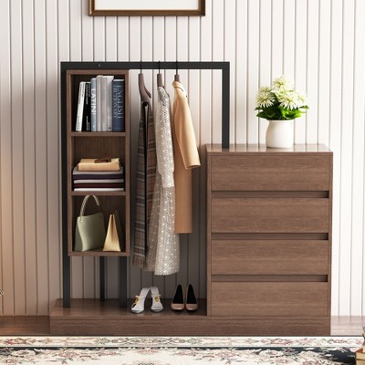 50.4" Wardrobe Closet with 4 Drawers, Clothes Storage Cabinet with Hanging Rack,Wood Armoire Garment Rack Dresser for Bedroom Closet Entryway
