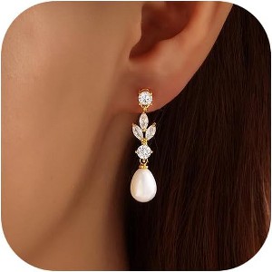 Pearl Earrings,14k Gold Plated Trendy Diamond Pearl Drop Earrings Bridal Shower Gifts Wedding jewelry for Women - 1 of 4