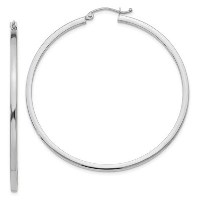 Black Bow Jewelry 2mm, 14k White Gold Square Tube Round Hoop Earrings, 50mm (1 7/8 Inch)