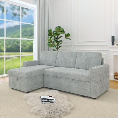 VYNXARIA 85 Inches Sofa Bed,3 Seater Sleeper Sofa with Storage Chaise, Square Handrail With Pull and Copper nail,Pull Out Couch