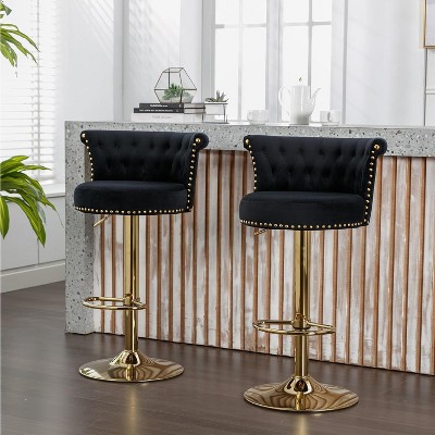 Skran Bar Stools Set of 2 with Tufted Back,Adjustable Seat,Velvet Swivel Counter Height Stools with Nailheads Trim,Upholstered Bar Chairs,Steel Base