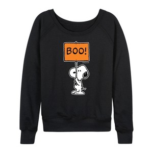 Women's - Peanuts - Snoopy Boo Sign Lightweight French Terry Wide Neck Long Sleeve Shirt - 1 of 4