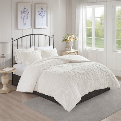 Lyngins 3 Piece Tufted Cotton Chenille Damask Comforter Set, Shabby Chic Bedding Set, 1 Comforter & 2 Shams, Hypoallergenic Quilt Bedding Set