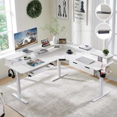 SinCiDo 60" L-Shaped Electric Standing Desk, Height Adjustable Corner Gaming Desk w/ Power Outlets, LED Lighting & 2 Drawers