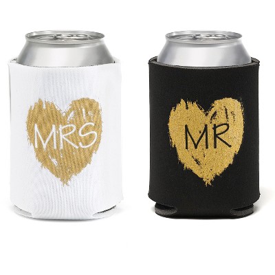 2ct Mr.'& 'Mrs.' Beverage cozy: Foam Can Koozies, Multicolor, Typography Pattern, 4.25" Width, Hortense B. Hewitt