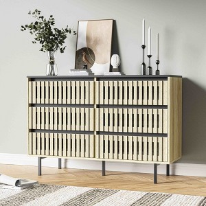 Airsurfer Modern 6-Drawer Wood Cabinet with Slatted Front Design, Wide Storage Chest for Bedroom or Living Room – Natural Oak & Black - 1 of 4