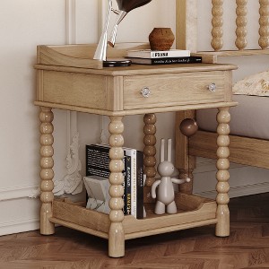 LIVAREEmlen Retro Style Nightstand with Drawer and Open Shelf for Bedroom, Bedside Table with Turned Legs and Metal Handle, Natural - 1 of 4