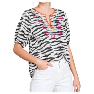 Women's Zebra Print Embroidered Yoke Top - Jodifl - 1 of 4