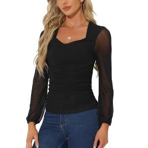 Allegra K Women's Long Sleeve Slim Fit Dressy Casual Wrap Ruched Mesh Blouse - 1 of 4
