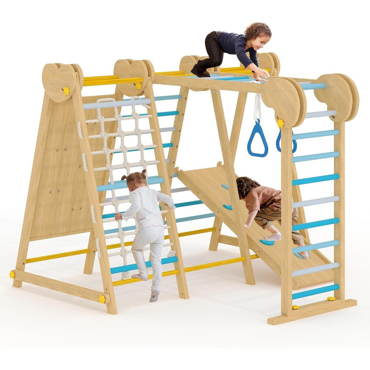 7-in-1 Wooden Indoor Jungle Gym for Kids Ages 2-8, Toddler Playground Playset with Slide, Climbing Wall and Monkey Bars
