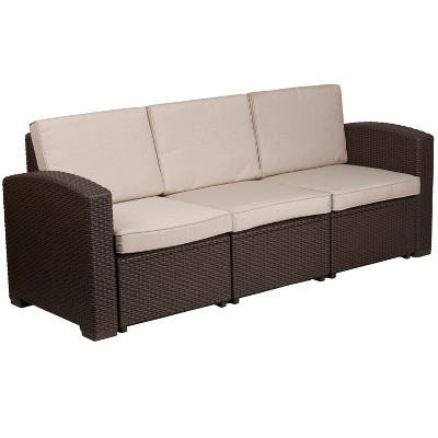 Merrick Lane Outdoor Furniture Resin Sofa Chocolate Brown Faux Rattan Wicker Pattern Patio 3-Seat Sofa With All-Weather Beige Cushions
