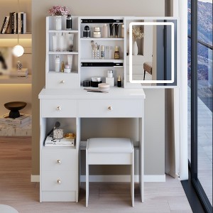 Makeup Vanity Desk with Mirror and Light, Makeup Vanity Table with Stool, Dressing Table with Drawers & Open Storage for Small Space - 1 of 4
