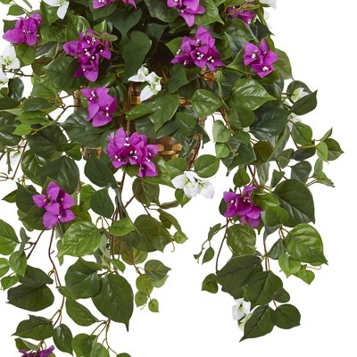 30" Purple and White Bougainvillea Artificial Hanging Plant with Rope Basket