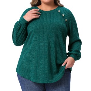 Women's Plus Size Ribbed Knit Button Decoration Crew Neck Long Sleeve Casual Tunic Blouses - Agnes Orinda - 1 of 4