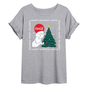 Women's - Coca-Cola - Happy Holidays Bears And Tree Oversized Graphic T-Shirt - 1 of 4