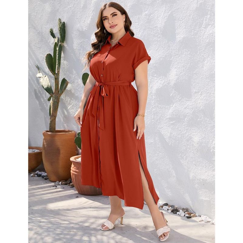 Plus Size Maxi Dresses for Women Summer Tie Belt Work Polo Dress Business Casual Button Down Dress, 5 of 7