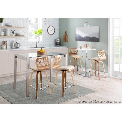 Mid-Century Modern White Leather and Wood Swivel Counter Stools
