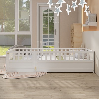 CAVINAS Twin Size Floor Bed, Integral Construction with Super High Security Barrier,  Children's Floor Bed Frame, Wooden Support Slat White