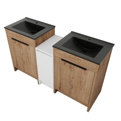 Vynxaria 60 in. Double Freestanding Glossy White Imitation Oak Plywood Bath Vanity with Black Ceramic Top KD-PACKING Ready to Assemble