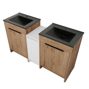 Vynxaria 60 in. Double Freestanding Glossy White Imitation Oak Plywood Bath Vanity with Black Ceramic Top KD-PACKING Ready to Assemble - 1 of 4