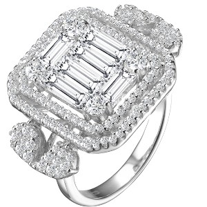 Guili Sterling Silver Rhodium-Plated Double Halo Cluster Ring with Baguette and Round CZ, Elegant Design, Perfect for Special Occasions, Sizes 6-8. - 1 of 3