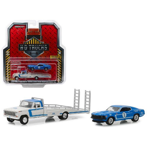 1969 Ford F 350 Ramp Truck White Blue With 1969 Ford Mustang Boss 302 1 Blue 164 Diecast Model Cars By Greenlight