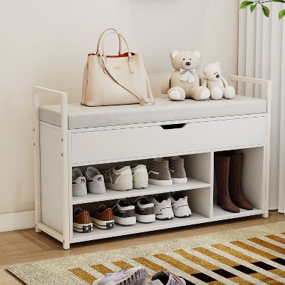 KTMBDW 39" Shoe Storage Bench with Cushion, Entryway Bench with Lift-Top Storage Box and 2 Tiers Open Shoe Rack for Entryway, Bedroom, White
