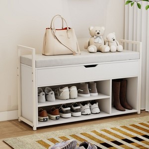 KTMBDW 39" Shoe Storage Bench with Cushion, Entryway Bench with Lift-Top Storage Box and 2 Tiers Open Shoe Rack for Entryway, Bedroom, White - 1 of 4