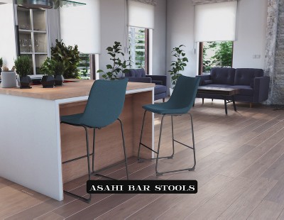 Set of 2 Blue Upholstered Counter Height Barstools with Metal Legs