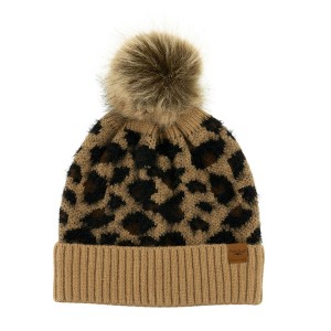 Britt's Knits Womens Knit Cozy Ribbed Cuff Cold Weather Leopard Warm Vegan Fur Pom Hat Animal Print - 1 of 2