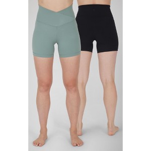 Yogalicious Womens 2 Pack Lux Crossover Front V-Back Elastic Free High Waist 5" Bike Short and Lux Everyday Elastic Free High Waist 5" Bike Short - 1 of 4