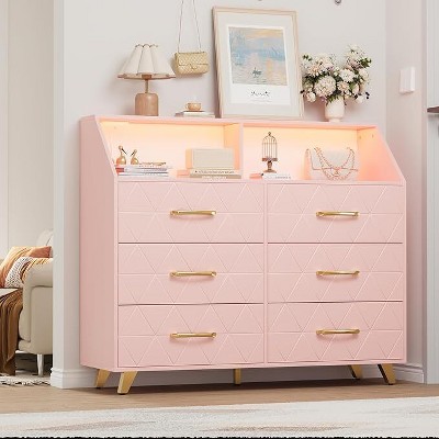 Dresser for Bedroom with 6 Drawers, Modern Chest of Drawers with Charging Station & LED Lights, Freestanding ，for Living Room Closet