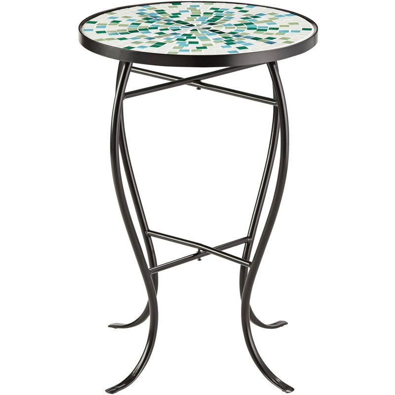 Teal Island Designs Modern Black Round Outdoor Accent Side Tables 14" Wide Set of 2 Aqua Green Mosaic Tabletop Front Porch Patio Home House, 3 of 8