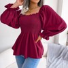 Coolmee Women Casual Square Neck Shirred Lantern Long Sleeve Frill Trim Flared Hem Blouse Shirt Tops - 2 of 4