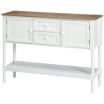 White Wood Console Table with Drawers and Storage Shelf