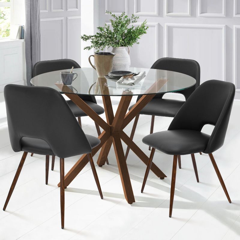 Oliver+Edwin 5-Piece Round Clear Glass Dining Table Set with 4 Faux Leather Chairs Walnut Legs -The Pop Maison, 1 of 9