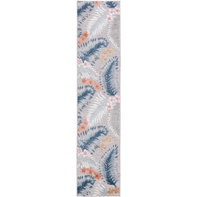 Gray and Navy Floral Synthetic Runner Rug