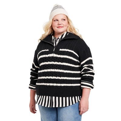 Women's Quarter Zip Striped Cable Knit Sweater - La Ligne x Target Navy/Cream