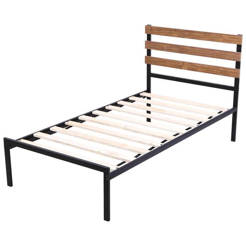 Tangkula Twin Size Upholstered Platform Bed Metal Bed Frame with Wooden Slat & Headboard, 3 of 6