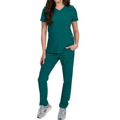 Medgear Celeste Women's Stretch Scrubs Cross Over Neckline Top and Slim Leg Pants